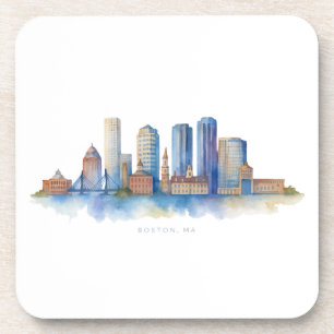 Boston City Skyline Watercolor Modern Boston MA Beverage Coaster