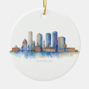Boston City Skyline Watercolor Modern Boston MA Ceramic Ornament