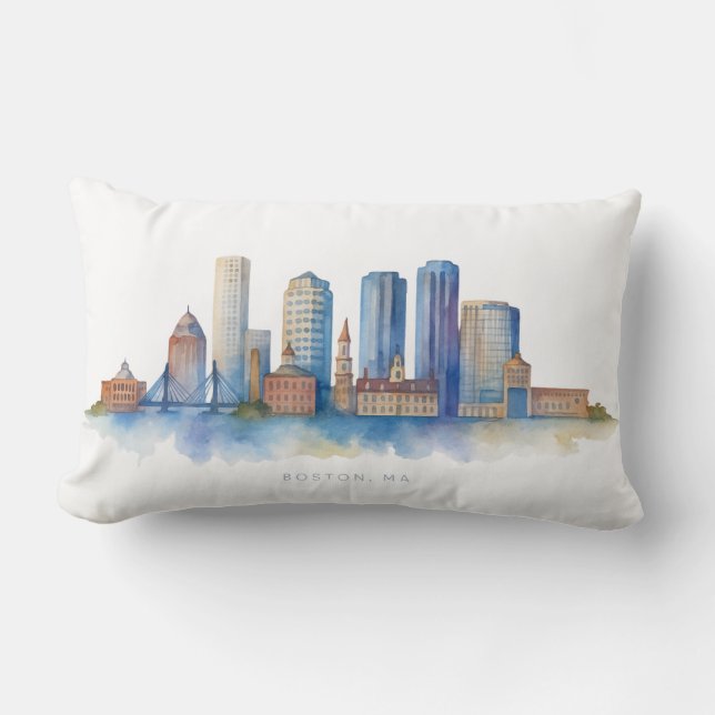 Boston City Skyline Watercolor | Modern Boston MA  Lumbar Pillow (Front)