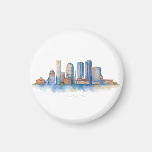 Boston City Skyline Watercolor   Modern Boston MA  Magnet