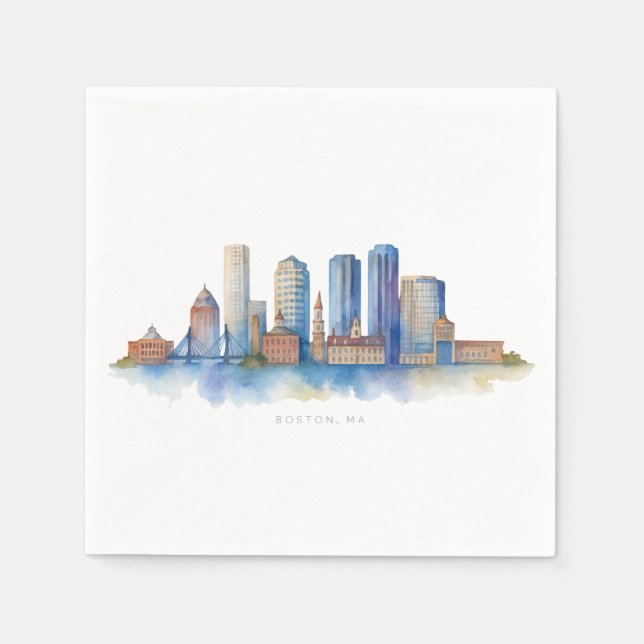 Boston City Skyline Watercolor | Modern Boston MA  Napkins (Front)