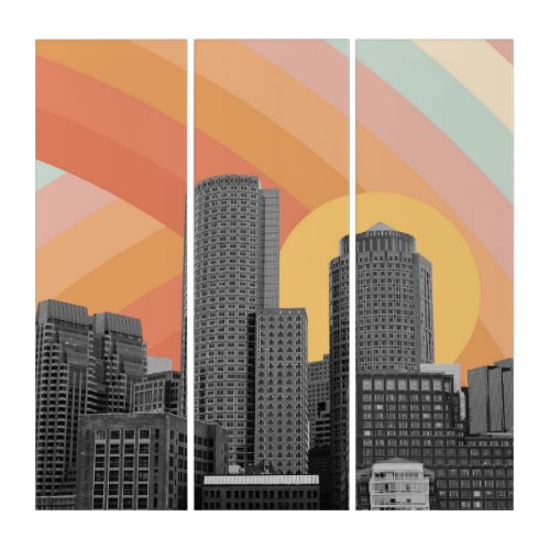 Boston City Skyscraper Retro Rainbow Canvas Triptych