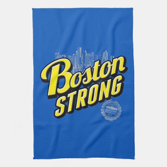 Boston City Strong Remembers on Blue Kitchen Towel (Vertical)
