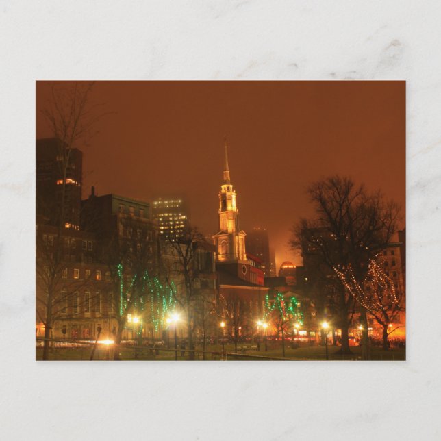 Boston Common Park Street Church Holiday Night Postcard (Front)