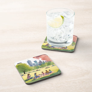 Boston Common Picnic Summer Watercolor Painting Beverage Coaster