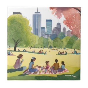 Boston Common Picnic   Summer Watercolor Painting Ceramic Tile