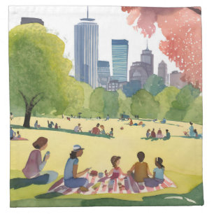 Boston Common Picnic Summer Watercolor Painting Cloth Napkin