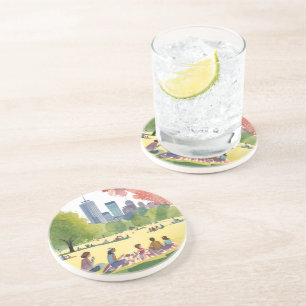 Boston Common Picnic   Summer Watercolor Painting Coaster