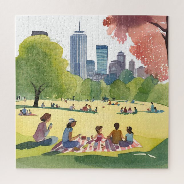 Boston Common Picnic | Summer Watercolor Painting Jigsaw Puzzle (Vertical)