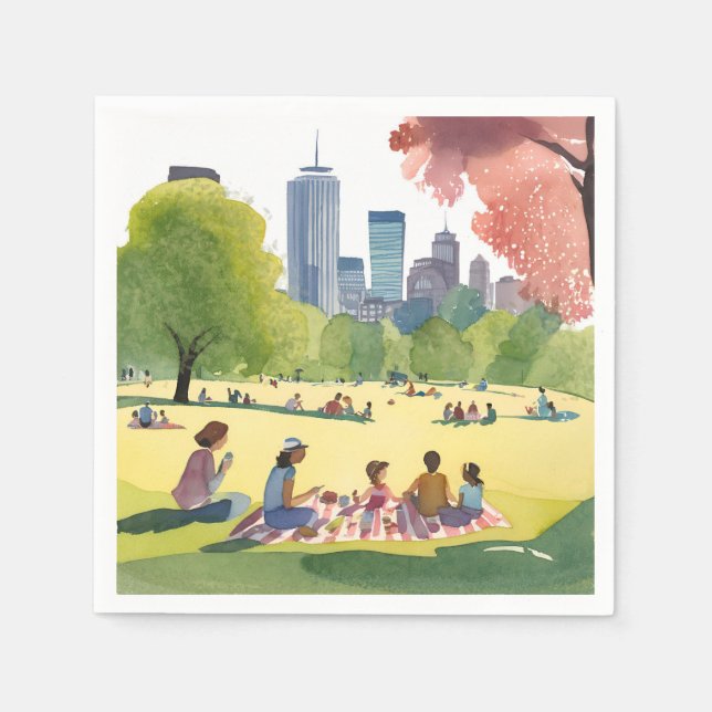 Boston Common Picnic | Summer Watercolor Painting Napkins (Front)
