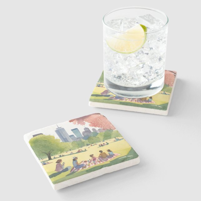 Boston Common Picnic | Summer Watercolor Painting Stone Coaster (Side)