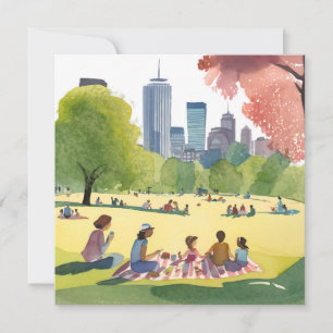 Boston Common Picnic Summer Watercolor Painting Thank You Card