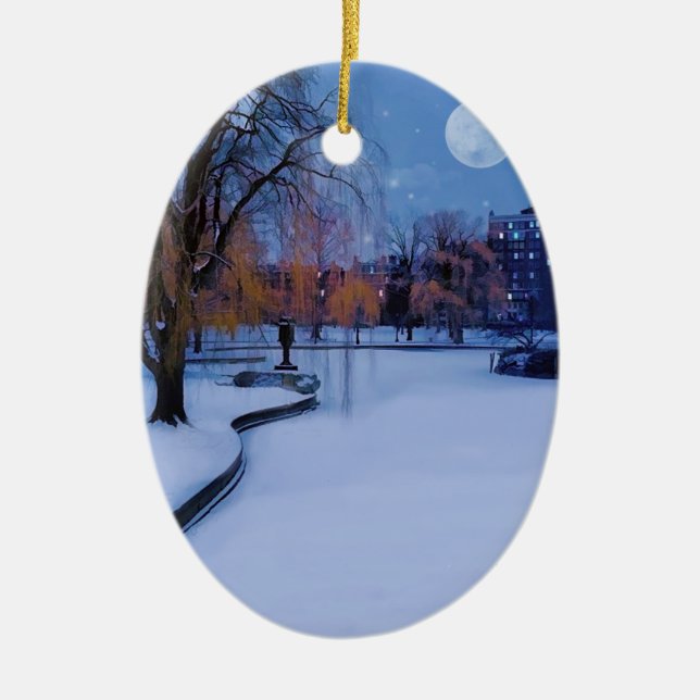 Boston Commons Frozen Pond Winter Evening Ceramic Ornament (Front)
