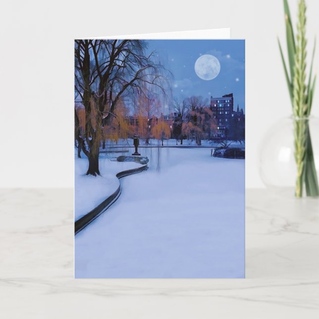 Boston Commons Frozen Pond Winter Evening Holiday Card (Front)
