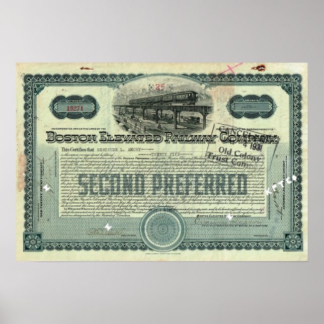 Boston Elevated Railway Co. Stock Certificate Poster (Front)