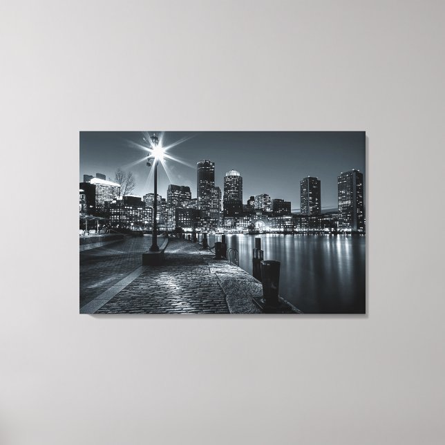 Boston Harbor B&W Night Canvas (Front)