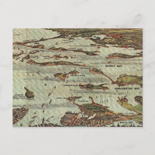 Boston Harbor Birdseye_view map Postcard