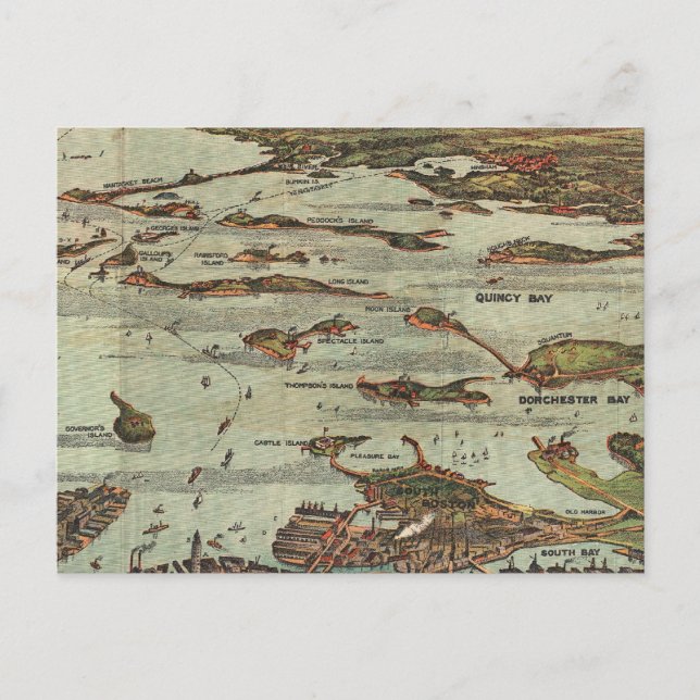 Boston Harbor Birdseye-view map Postcard (Front)