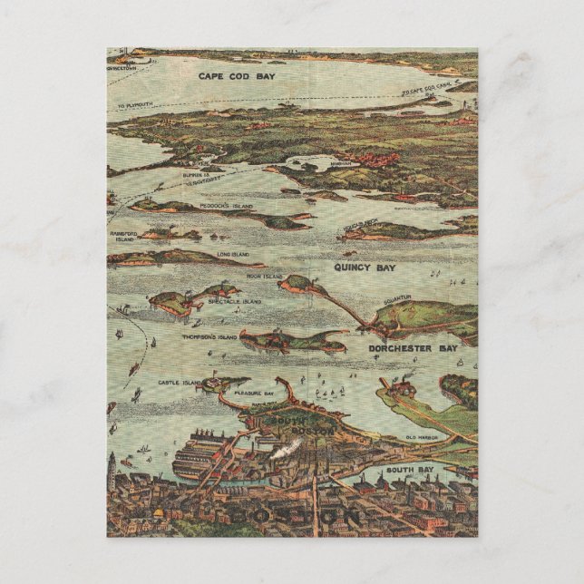 Boston Harbor Birdseye-view map Postcard (Front)