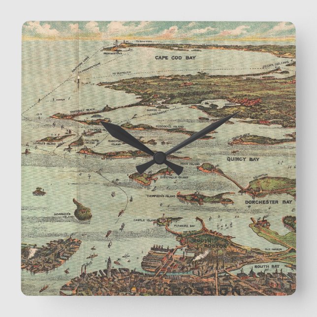 Boston Harbor Birdseye-view Map Square Wall Clock (Front)