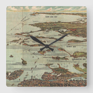 Boston Harbor Birdseye-view Map Square Wall Clock