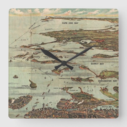 Boston Harbor Birdseye_view Map Square Wall Clock