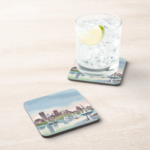 Boston Harbor Boston Massachusetts Watercolor Beverage Coaster