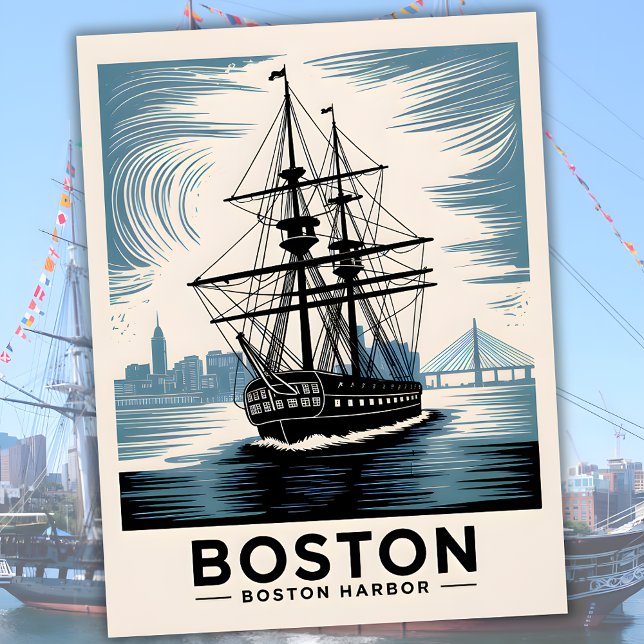 Boston Harbor New England Retro Coastal Nautical Postcard (Boston Harbor New England Retro Coastal Nautical Postcard)