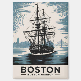 Boston Harbor Retro Illustration Tall Ship Classic Magnet