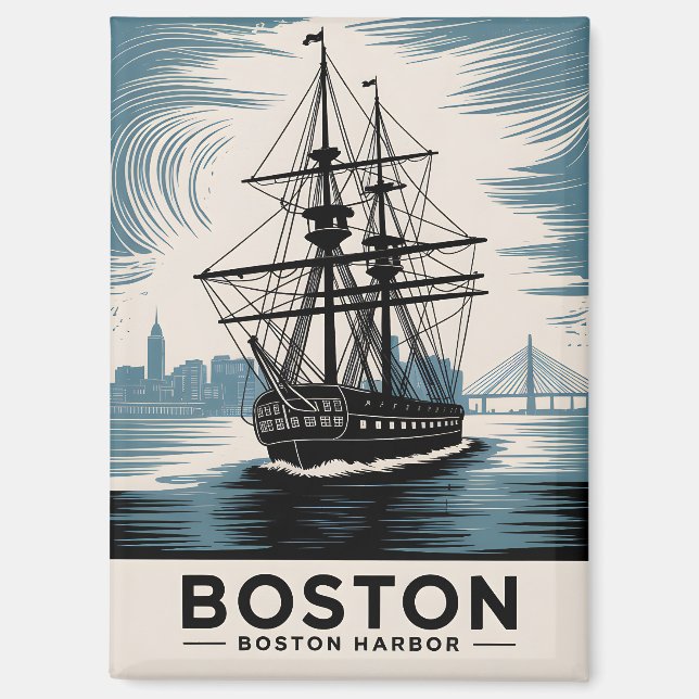 Boston Harbor Retro Illustration Tall Ship Classic Magnet (Front)