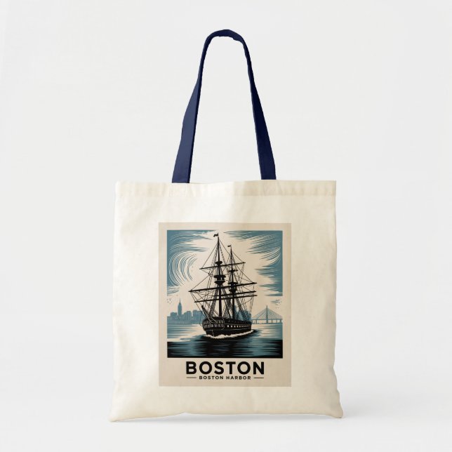  Boston Harbor Retro Tall Ship Classic Nautical Tote Bag (Front)