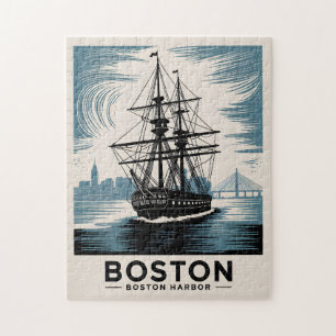 Boston Harbor Retro Tall Ship Vintage Nautical Jigsaw Puzzle