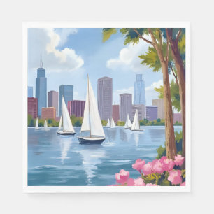 Boston Harbor Spring   Boat Bay City Skyline Napkins