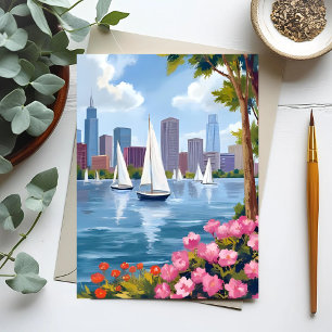 Boston Harbor Spring   Boat Bay City Skyline Postcard