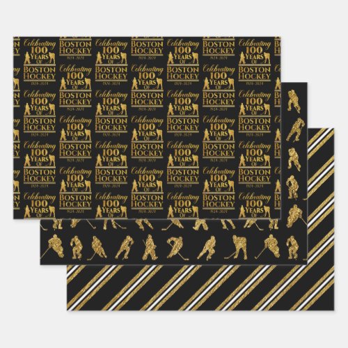 Boston Hockey Black And Gold Wrapping Paper Sheets