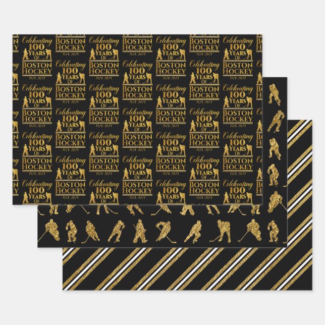 Boston Hockey Black And Gold Wrapping Paper Sheets (Set)