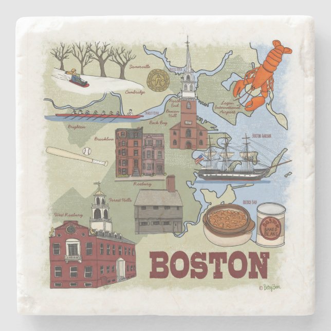 Boston Illustrated Map Marble Coaster (Front)