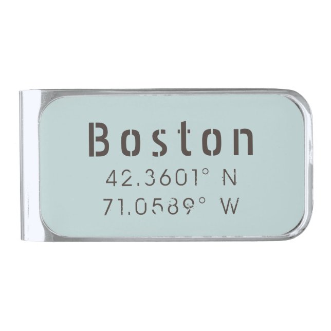 Boston Latitude Longitude Silver Finish Money Clip (Front)