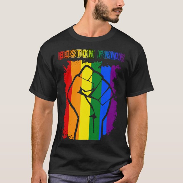 Boston LGBT Pride Month LGBTQ Rainbow Flag Gay Les T-Shirt (Front)