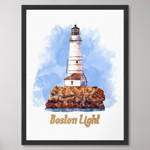 Boston Light Lighthouse Watercolor - Massachusetts Framed Art