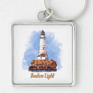Boston Light Lighthouse Watercolor - Massachusetts Keychain