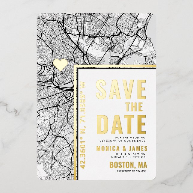 Boston Love Locator | City Map Save the Date L+L Foil Invitation (Front)