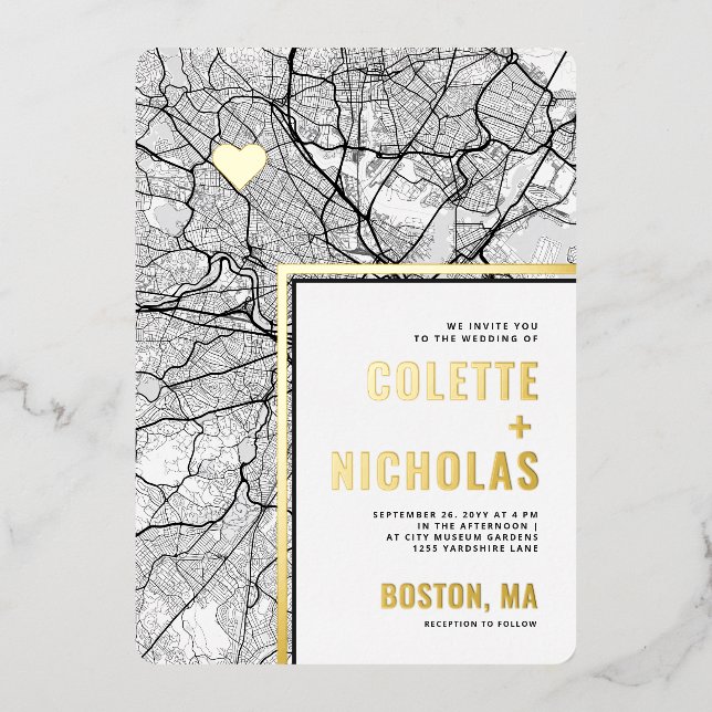 Boston Love Locator | City Map Themed  Foil Invitation (Front)