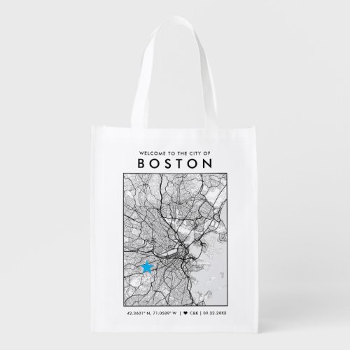 Boston Love Locator  City Map Wedding Welcome Grocery Bag