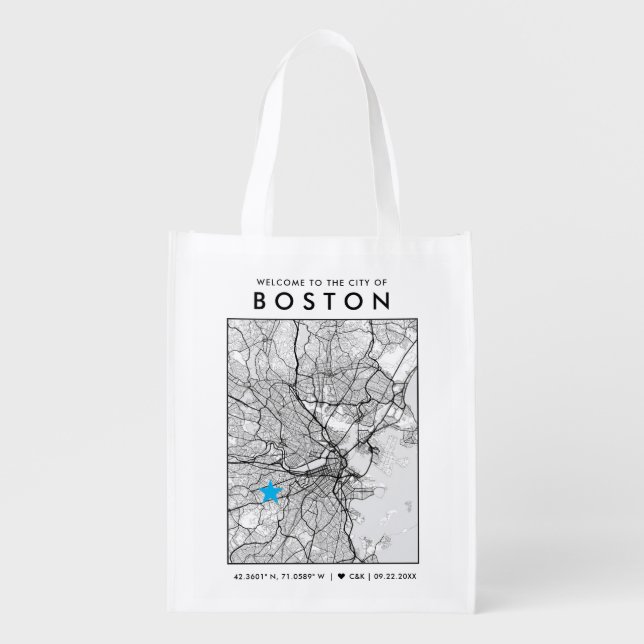 Boston Love Locator | City Map Wedding Welcome Grocery Bag (Front)