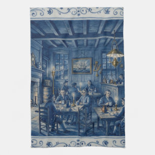 Boston MA 1700’s Coffee House Delft Blue Art Kitchen Towel