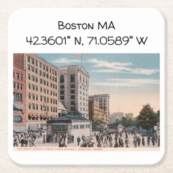Boston Ma Map Coordinates Vintage Style Square Paper Coaster by markomundo at Zazzle