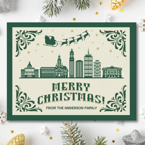 Boston MA Skyline Christmas Holiday Postcard