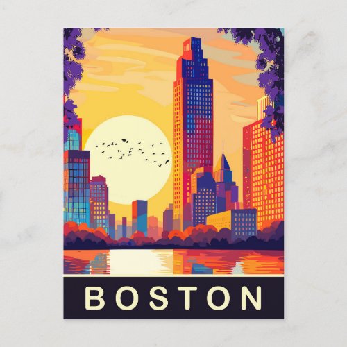 Boston MA Skyline on Sunset Travel Postcard