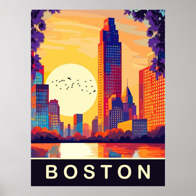 Boston, MA, Skyline on Sunset, Travel Poster (Front)